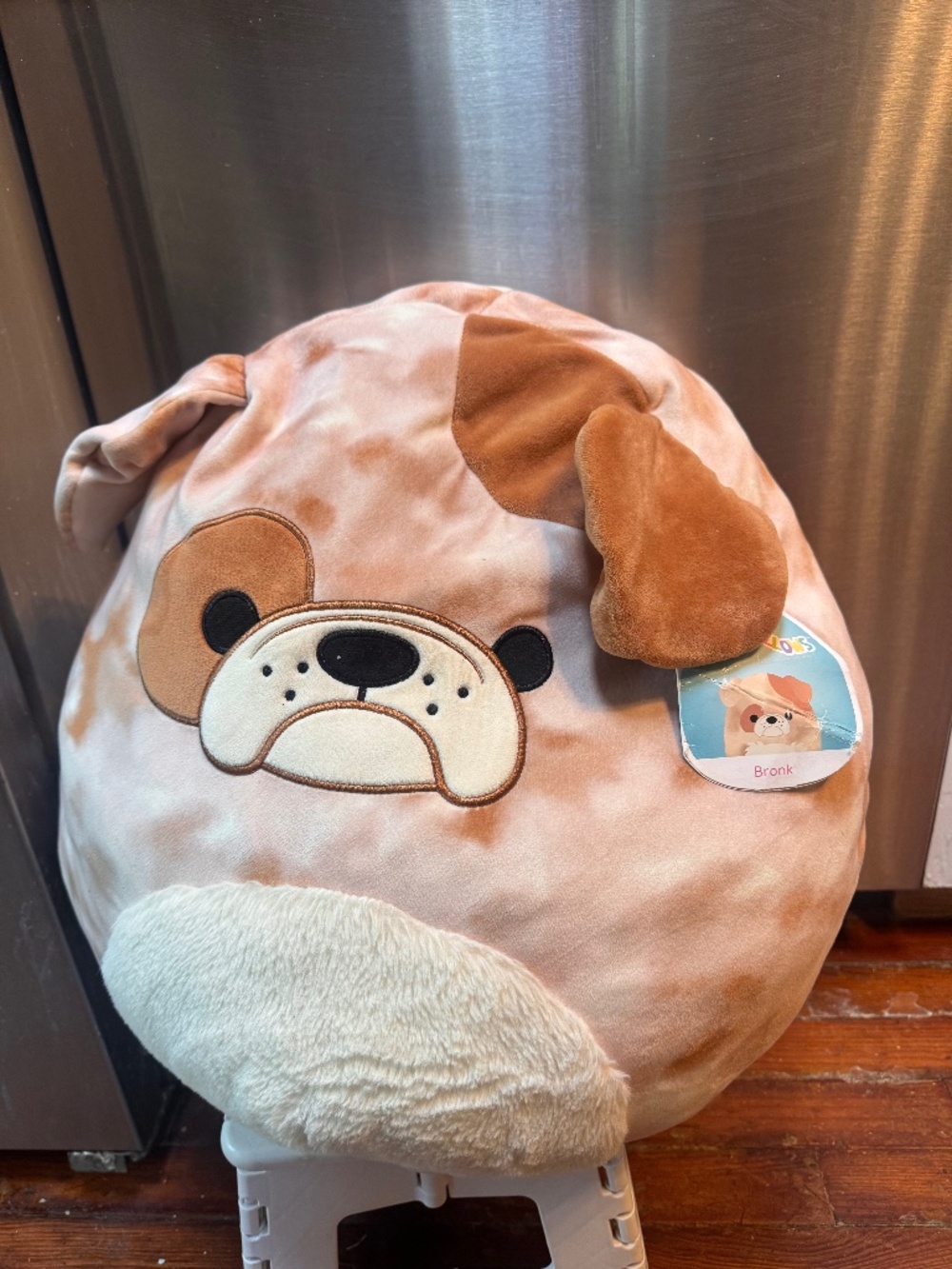 Squishmallows Bronk the Bulldog plush toy featuring a brown and tan spotted patt
